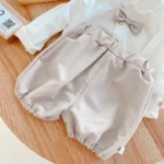 Boys White Full Sleeves Shirt, bow tie and Grey Shorts set - Image 6