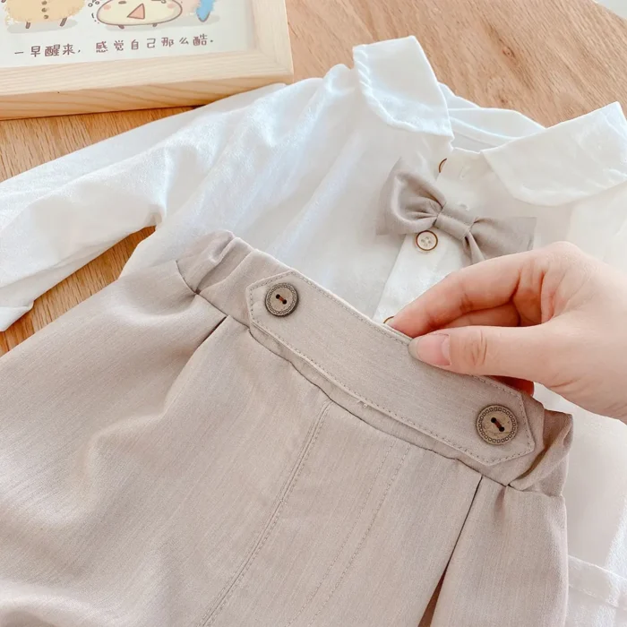 Boys White Full Sleeves Shirt, bow tie and Grey Shorts set - Image 2