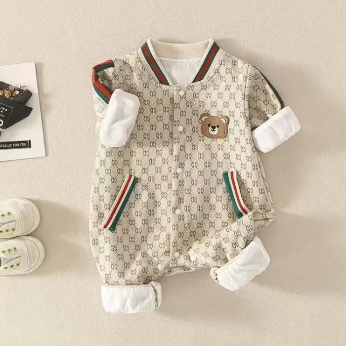 Beige Cartoon Print Baby Romper – Soft Patterned Onesie for infant and toddler - Image 2