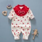 Cute and stylish Collared Bow Cherry print full sleeves Romper for infants and toddlers - Image 2