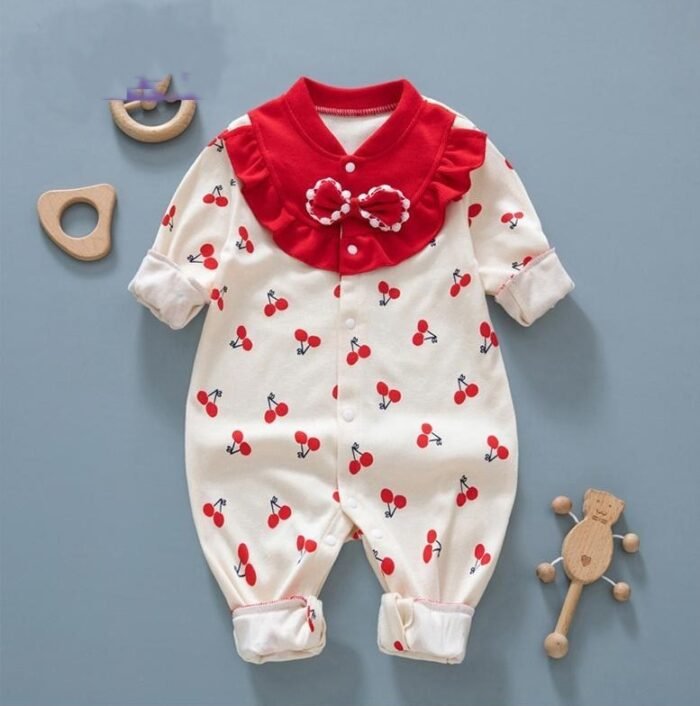 Cute and stylish Collared Bow Cherry print full sleeves Romper for infants and toddlers - Image 2