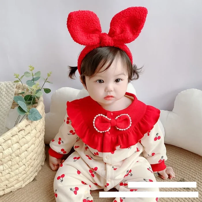 Cute and stylish Collared Bow Cherry print full sleeves Romper for infants and toddlers - Image 4