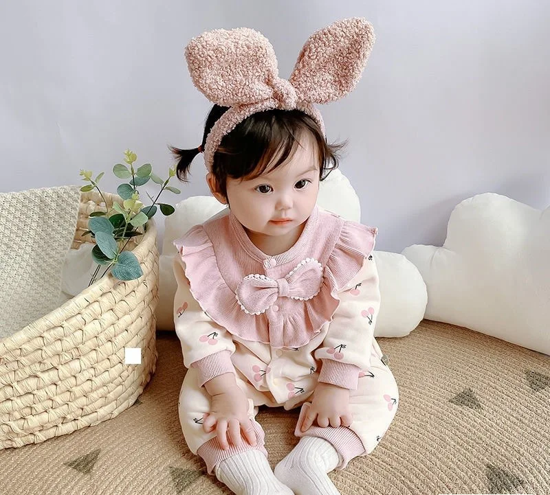 AI-2440 AI-24411 (2) Cute and stylish Collared Bow Cherry print full sleeves Romper for infants and toddlers - Image 1