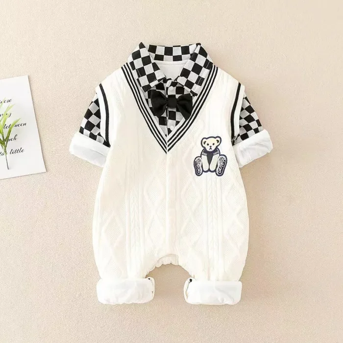 Checkered sleeves V-neck Stylish romper for boys up to 12M - Image 4