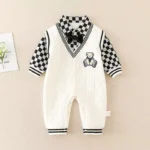 Checkered sleeves V-neck Stylish romper for boys up to 12M