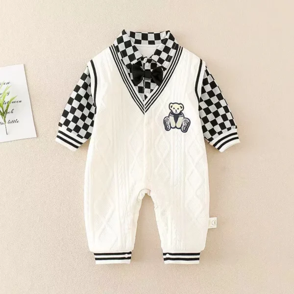 Checkered sleeves V-neck Stylish romper for boys up to 12M