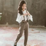 Girls trendy Brown Plaid Pant, Jacket and White Top Suit 5-8Y