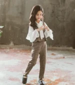 Girls trendy Brown Plaid Pant, Jacket and White Top Suit 5-8Y