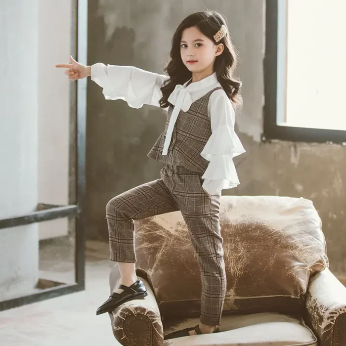 Girls trendy Brown Plaid Pant, Jacket and White Top Suit 5-8Y - Image 2