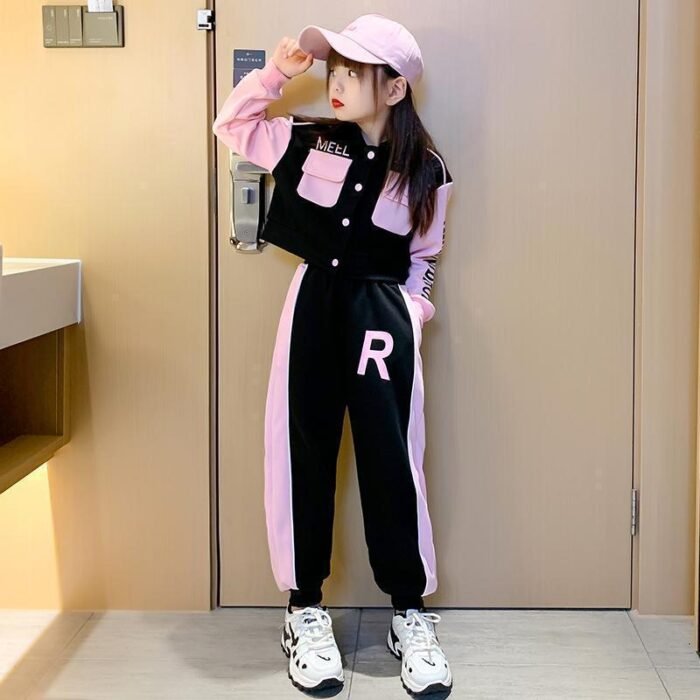 Korean Style Children's Black Pink Joggers Pant and Jacket Set 4-10Y - Image 2