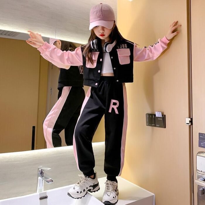 Korean Style Children's Black Pink Joggers Pant and Jacket Set 4-10Y - Image 4
