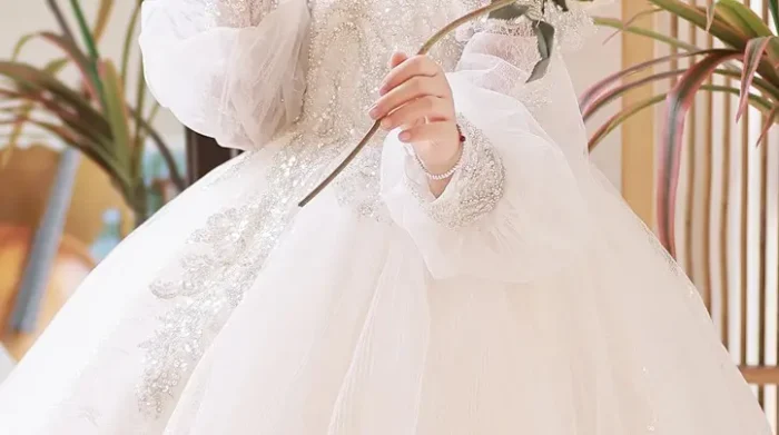 Elegant and Exquisite - White Embellished Full Sleeves Party Gown- 2-9 Years - Image 5