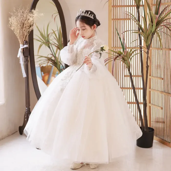 Elegant and Exquisite - White Embellished Full Sleeves Party Gown- 2-9 Years - Image 3