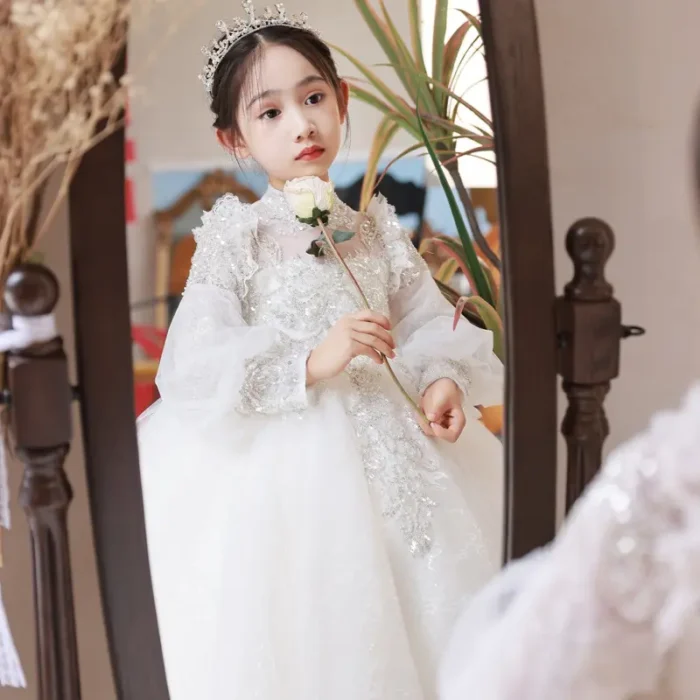 Elegant and Exquisite - White Embellished Full Sleeves Party Gown- 2-9 Years - Image 2