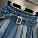 Korean fashion trending Tinted Wash Blue Belt Pleated Denim Skirt 2-9Y - Image 2