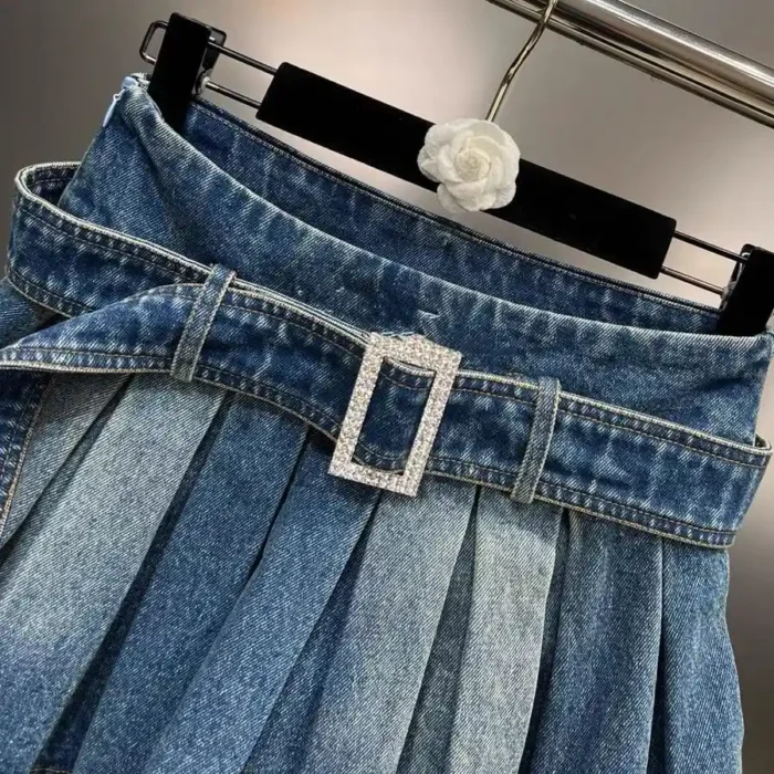 Korean fashion trending Tinted Wash Blue Belt Pleated Denim Skirt 2-9Y - Image 2