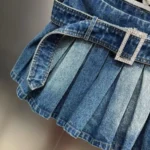 Korean fashion trending Tinted Wash Blue Belt Pleated Denim Skirt 2-9Y - Image 4