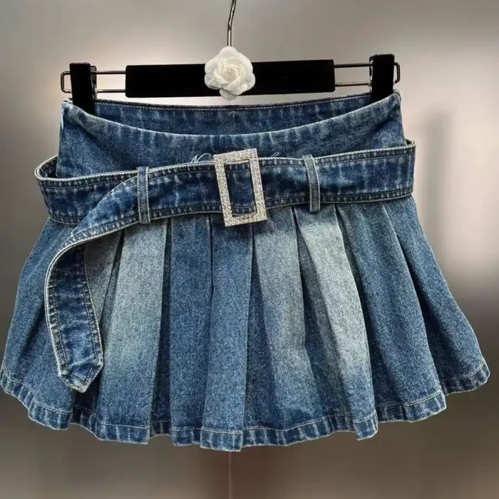 Korean fashion trending Tinted Wash Blue Belt Pleated Denim Skirt 2-9Y - Image 3