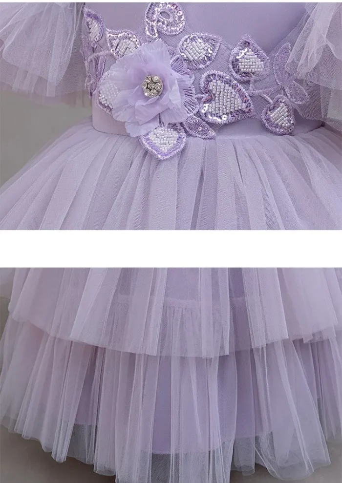 Lilac Puffed Sleeves Long Lace Layered Party Dress for kids 3-9 Y - Image 4