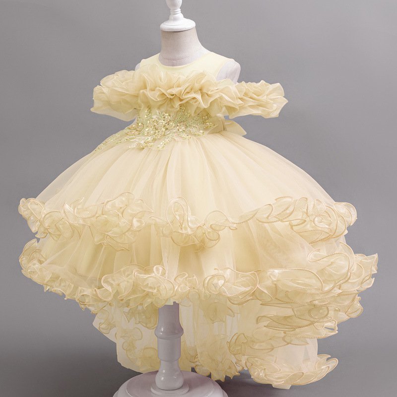 N234-2071 (1) Girls Pale Yellow Off-Shoulder Sleeves Ruffled Trailing Party wear Frock Gown - Image 1