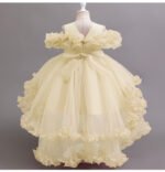 Girls Pale Yellow Off-Shoulder Sleeves Ruffled Trailing Party wear Frock Gown - Image 2