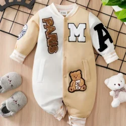 Text and cartoon Print Full Sleeves White and Beige Romper - baseball