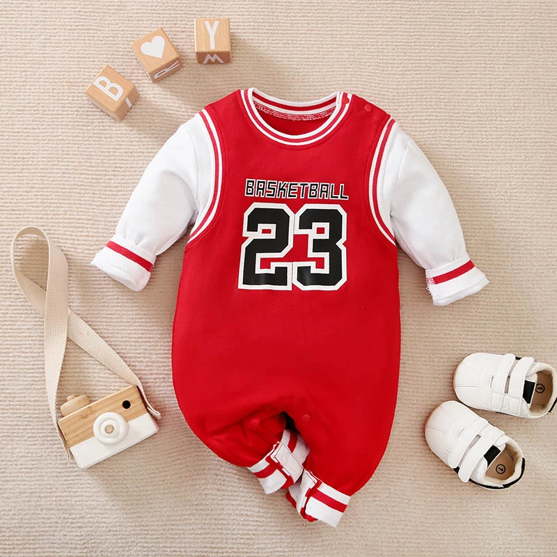 N235-058-11 (5) Boys Text Numeric Printed Red White Full sleeves Romper - Image 1
