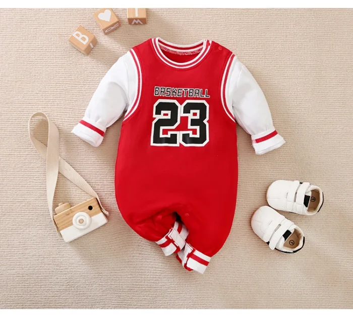 Boys Text Numeric Printed Red White Full sleeves Romper - Image 2