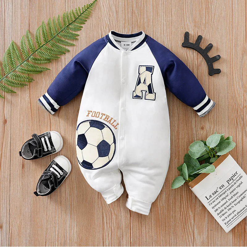 N235-059-11 (6) Football Print White and Blue Full Sleeves Romper - Image 1
