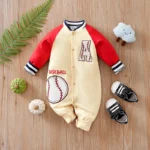 Boys Baseball Beige and red Full Sleeves Romper