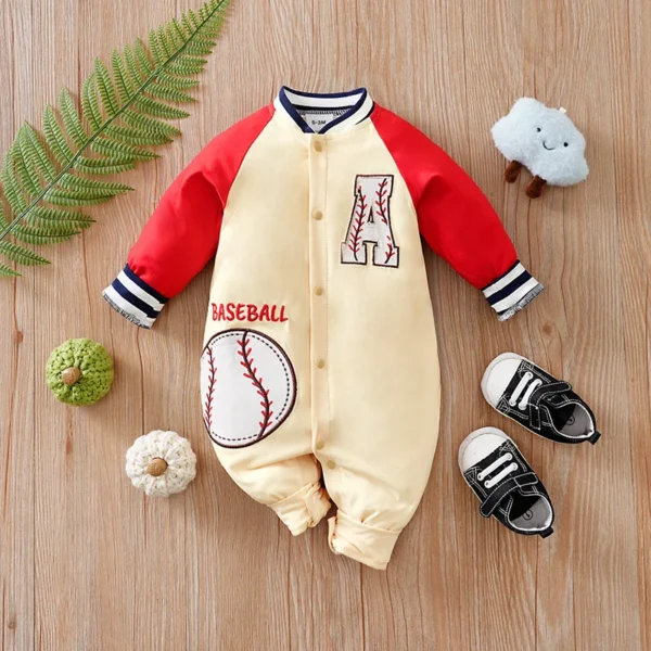 Boys Baseball Beige and red Full Sleeves Romper