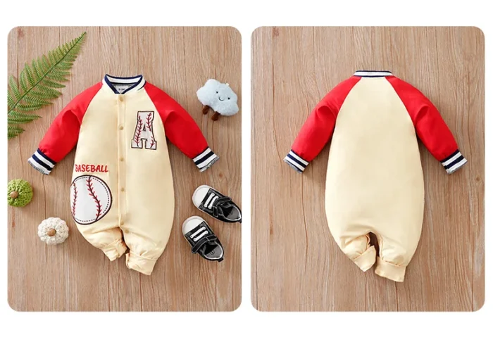 Boys Baseball Beige and red Full Sleeves Romper - Image 3