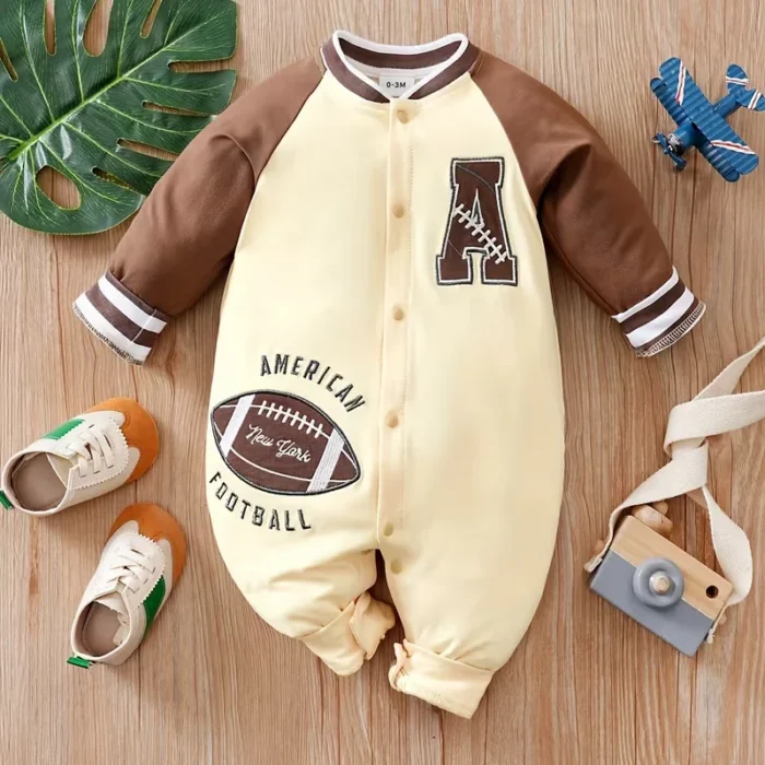 Boys Rugby Beige and Brown Full Sleeves Romper - Image 5