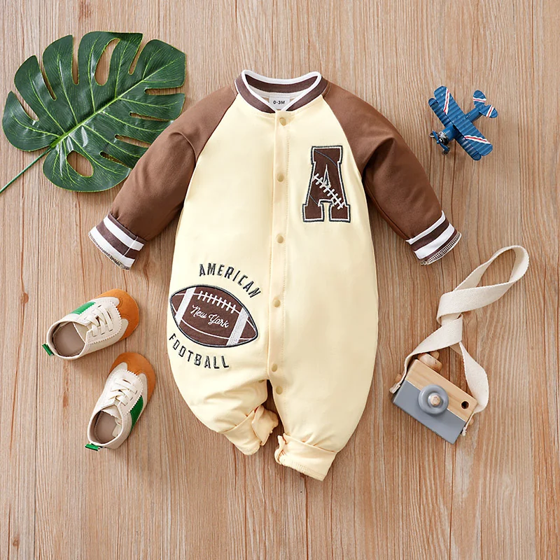 N235-061-11 (8) Boys Rugby Beige and Brown Full Sleeves Romper - Image 1