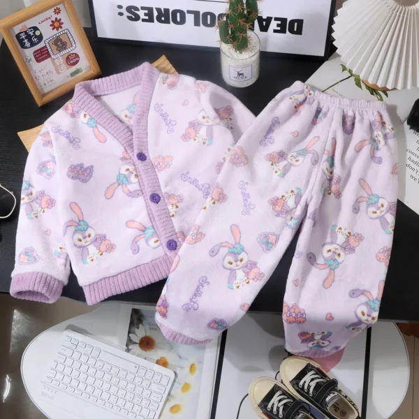 V-Neck Button Bunny Print Lavender Winter daily wear Pajama Set-2-8Y