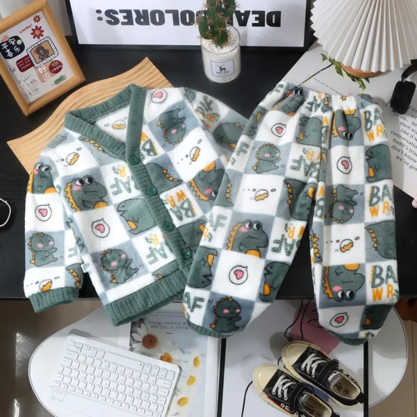 Boys V-Neck Button Cartoon Print Green Winter daily wear Pajama Set-2-8Y