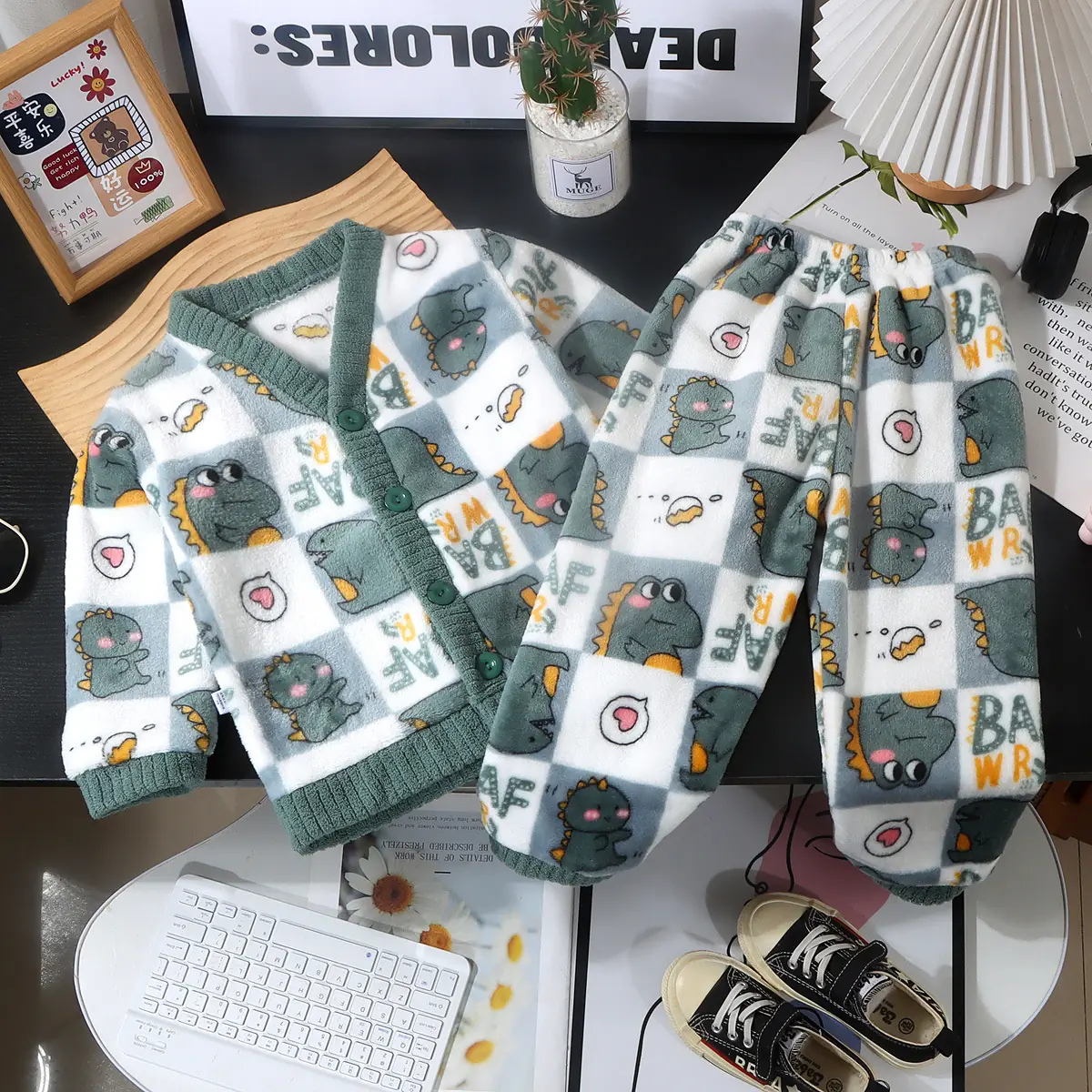 N254-0631 (2) Boys V-Neck Button Cartoon Print Green Winter daily wear Pajama Set-2-8Y - Image 1