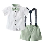 Smart Boys White Shirt and Green shorts with bow and Suspender Belt Set