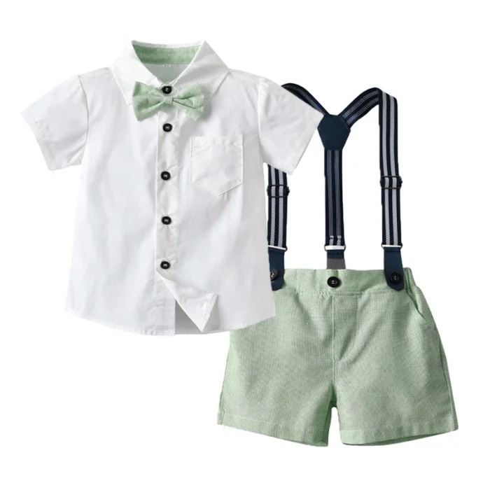 Smart Boys White Shirt and Green shorts with bow and Suspender Belt Set - Image 3