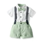 Smart Boys White Shirt and Green shorts with bow and Suspender Belt Set - Image 2