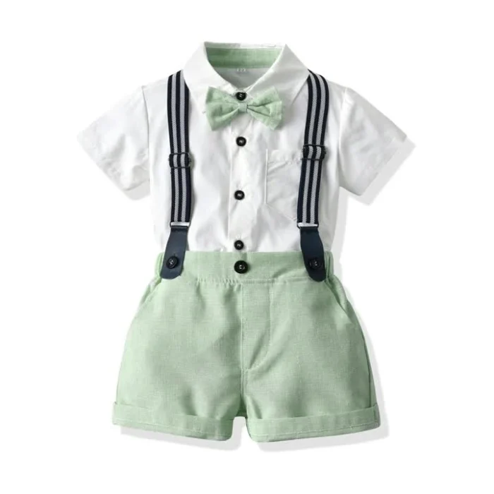 Smart Boys White Shirt and Green shorts with bow and Suspender Belt Set - Image 2