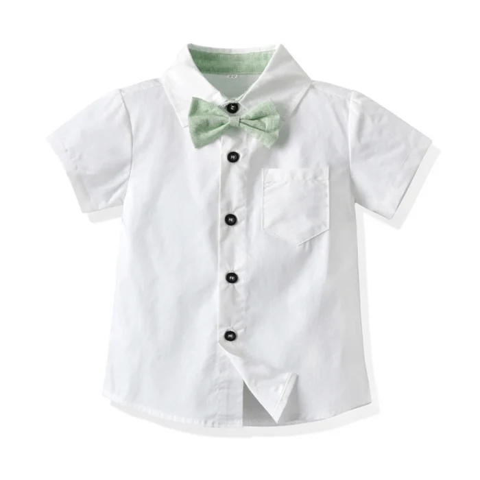 Smart Boys White Shirt and Green shorts with bow and Suspender Belt Set - Image 4