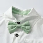 Smart Boys White Shirt and Green shorts with bow and Suspender Belt Set - Image 5