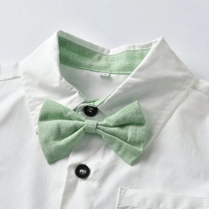 Smart Boys White Shirt and Green shorts with bow and Suspender Belt Set - Image 5