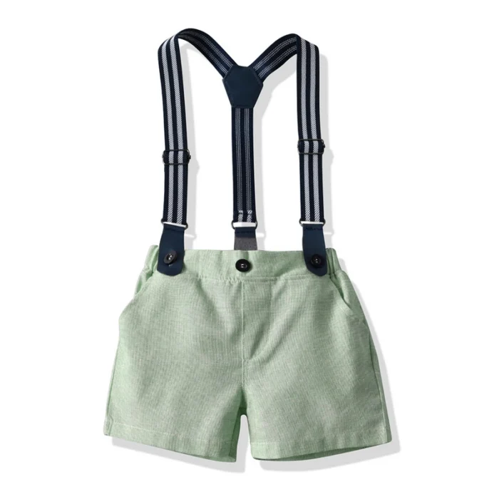 Smart Boys White Shirt and Green shorts with bow and Suspender Belt Set - Image 9