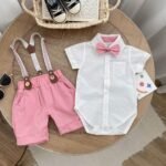 Boys White Formal Romper Shirt with Bow and Pink shorts with suspender belt set