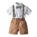 Boys Formal Shirt and Shorts with bow tie and suspender belt set