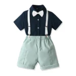 Boys Smart Navy Half Shirt and Mint Shorts with bow tie and suspender belt set