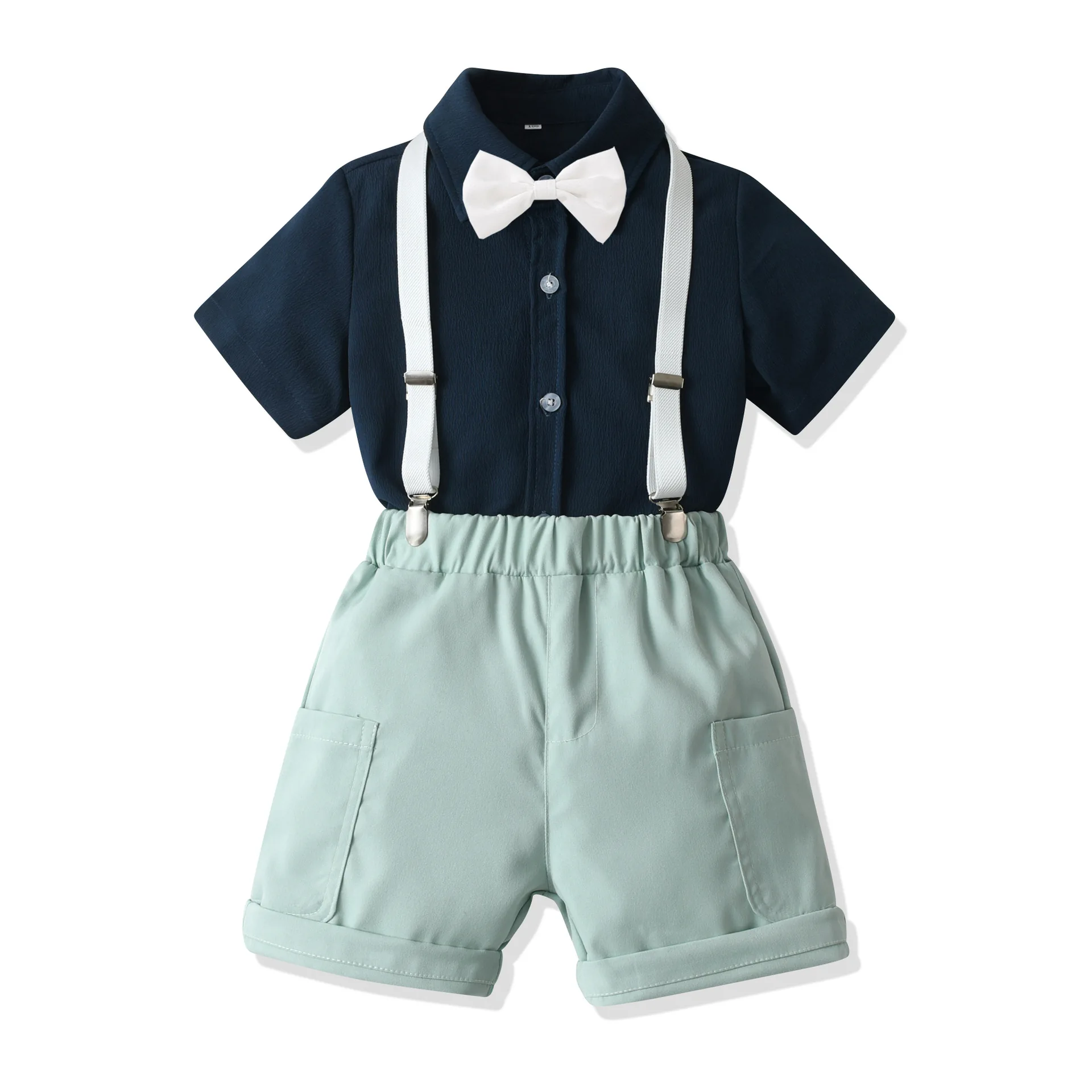 AH-22491 (1) Boys Smart Navy Half Shirt and Mint Shorts with bow tie and suspender belt set - Image 1
