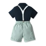 Boys Smart Navy Half Shirt and Mint Shorts with bow tie and suspender belt set - Image 4
